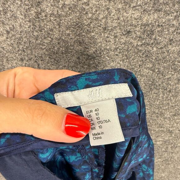 H&M Pants Women 10 Blue Geometric High Rise Chino Flat Front Skinny Pockets - Picture 6 of 8